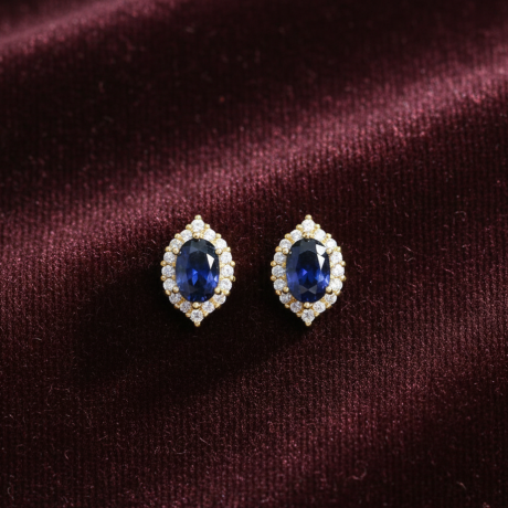 Sterling Silver 14K Gold Pleated Natural Oval Blue Sapphire with white stones